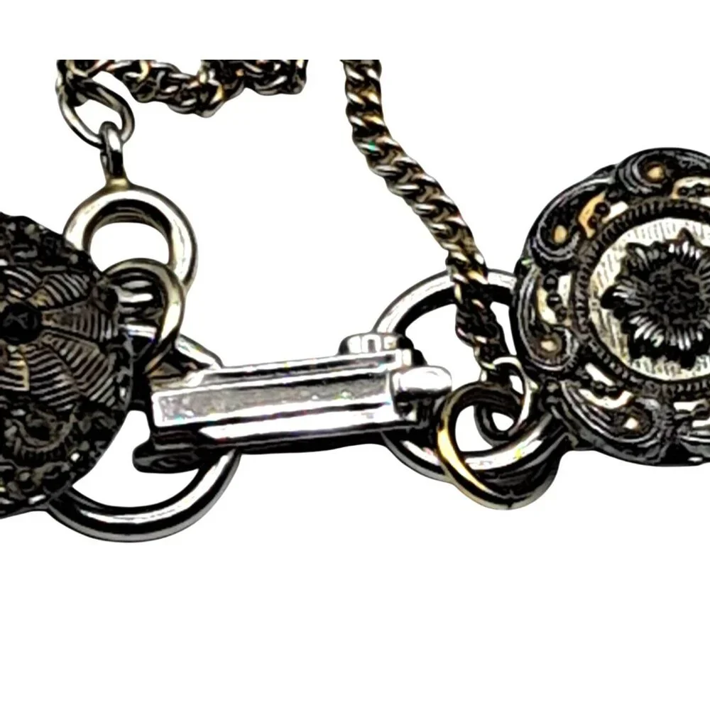 Antique Glass Button Bracelet With Black & Gold Tone Accents On Silver Tone Chai